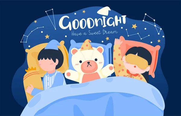 Nagy Elszigetelt Rajzfilm Karakter Vektor Illusztráció Aranyos Gyerekek Alszik Ágyban — Stock Vector