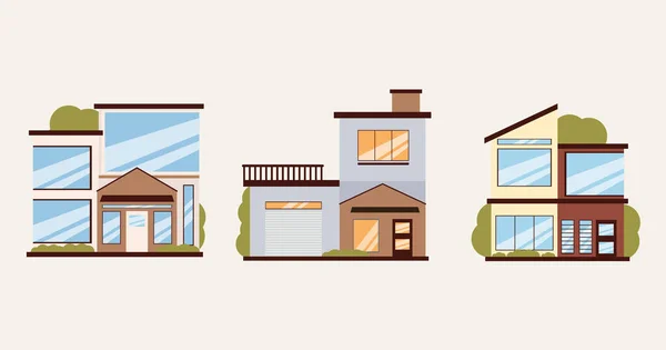 Set Von Haus Vor Cartoon Verschiedenen Stilen Wohnhäuser Fassade Mehrfamilienhaus — Stockvektor