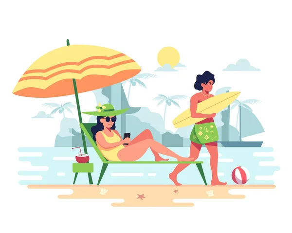 Couple Vacation Going Sea Sunbathing Surfing Board — 图库矢量图片