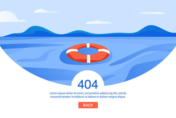 Internet network warning 404 Error Page or File not found for web page. Internet  error page or issue not found on network. 404 error present by lifebouy float on the sea.