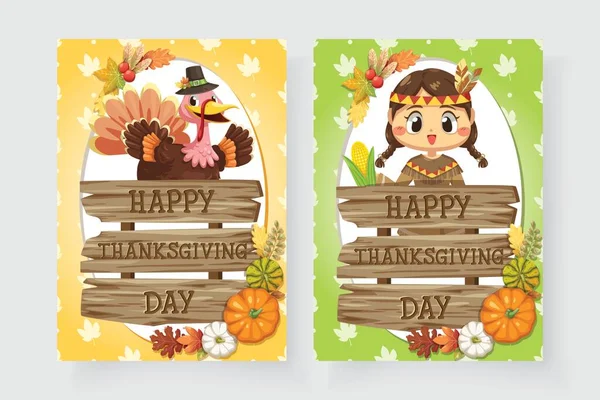 Happy Thanksgiving Day Icônes Avec Des Filles Des Signes Bois — Image vectorielle