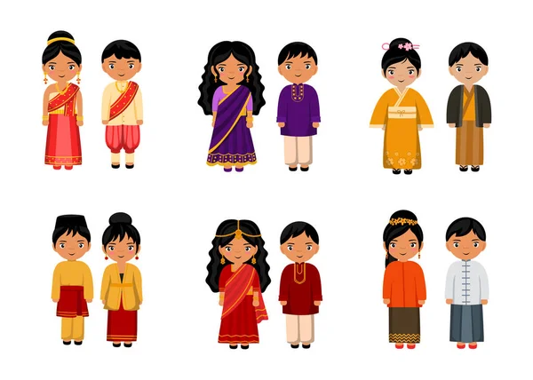 Набор Людей Традиционной Азиатской Одежды Персонажи Мультфильма Мужчина Женщина Национальная — стоковый вектор