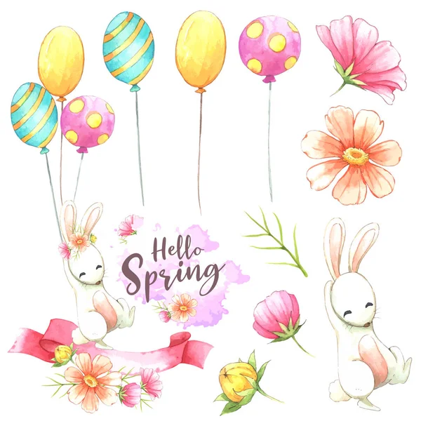 白い背景に花の要素を持つ様々な風船で浮動イースターバニーとシームレスなパターン こんにちは春のフレーズベクトルイラスト Eps — ストックベクタ