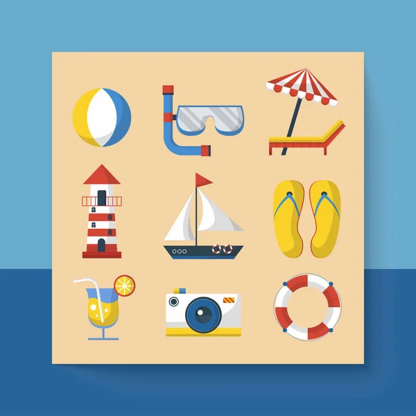 Dibujo Viaje Los Iconos Playa Verano Símbolo Viaje Personaje Dibujos — Vector de stock