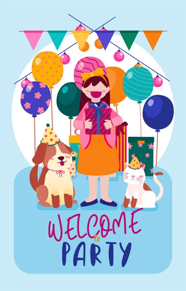 Cartoon Birthday Party People Woman Has Birthday Party Home Birthday — Stock Vector