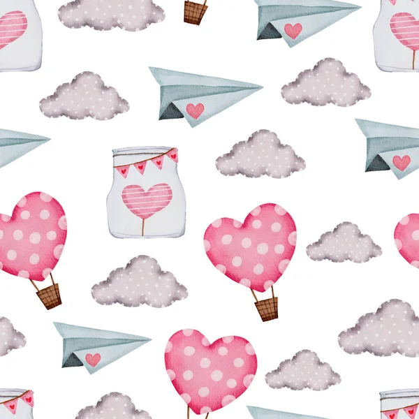 Walentynki Płynny Wzór Chmurą Balonem Powietrznym Idealny Tapety Tło Strony — Wektor stockowy