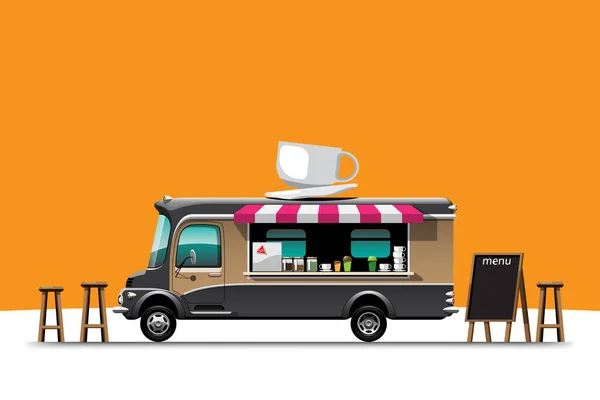 Camion Alimentaire Vue Côté Menu Café Avec Chaise Bois Illustration — Image vectorielle