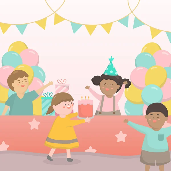 Kind Een Verjaardagsfeestje Kinderen Ouders Vieren Feest Kind Met Hoed — Stockvector