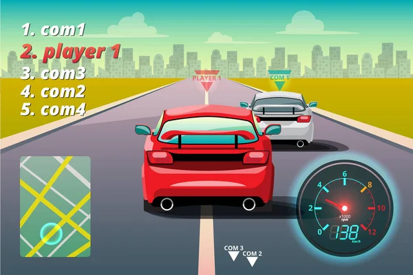 Competencia Juegos Continuar Jugador Utiliza Coche Alta Velocidad Para Ganar — Vector de stock