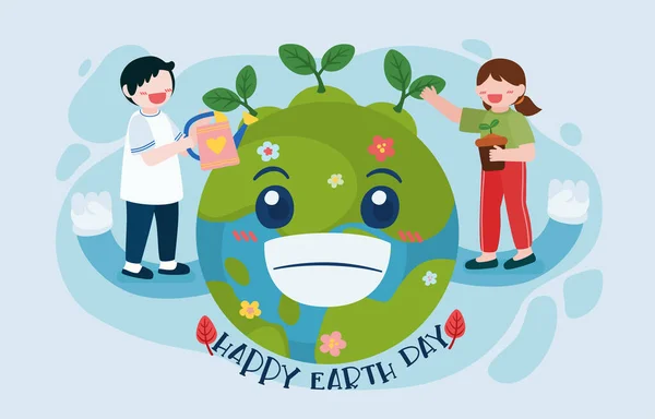 Boy Girl Smiley Earth Day Web Banner Watering Planting Forest — Vetor de Stock