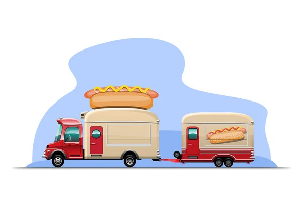 Trailer Food Truck Hotdog Shop Drawing Design Style Flat Vector — Stock Vector