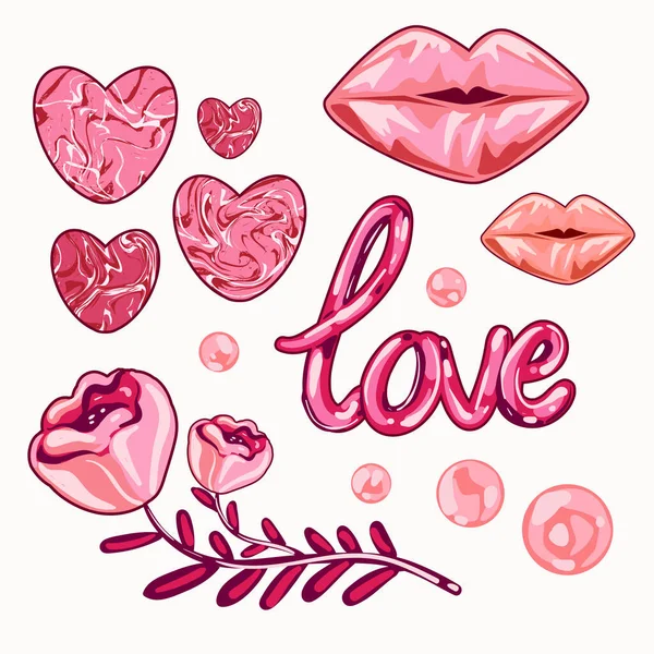 Día San Valentín Conjunto Elementos Labios Rosa Dulces Etc Plantilla — Archivo Imágenes Vectoriales