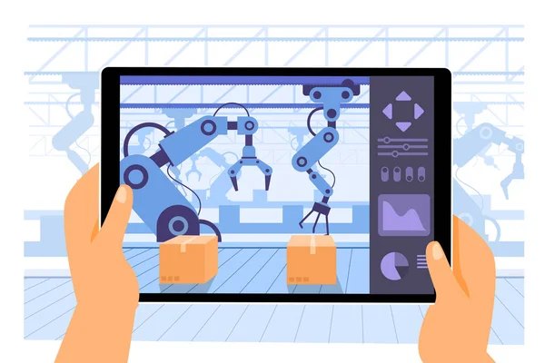 スマートファクトリー業界で使用される生産に従事するロボットアームを制御するためのコンピュータとしてタブレットアプリケーションを使用4 ハイテク機械 隔離されたフラットイラスト — ストックベクタ