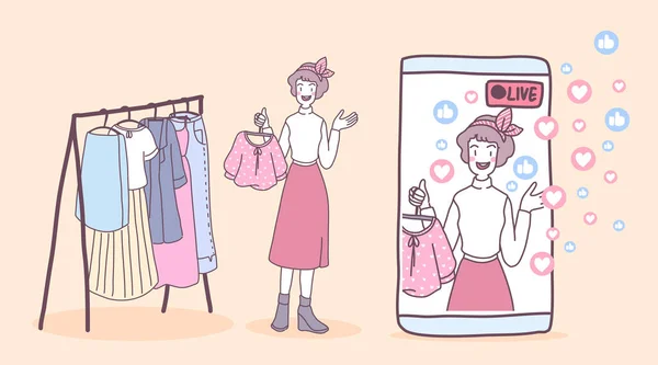 Les Jeunes Femmes Utilisent Smartphone Direct Pour Vendre Des Vêtements — Image vectorielle