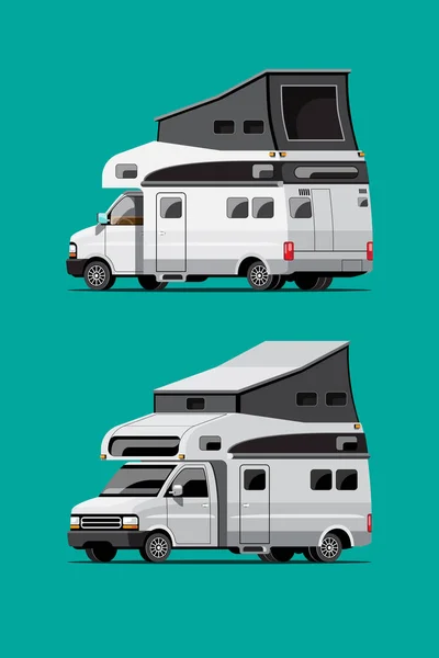 Set White Camping Trailers Travel Mobile Homes Caravan Green Background — Stock Vector