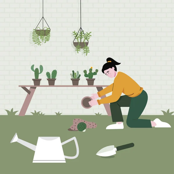 Fille Coupe Vérifier Les Plantes Dans Jardin Avec Soin Illustration — Image vectorielle