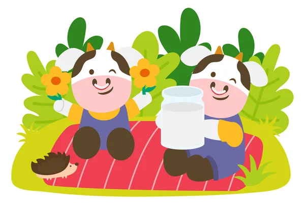 Cow Couple Pinic Park Enjoy Flower Animal Cartoon Character Vector — Stock Vector