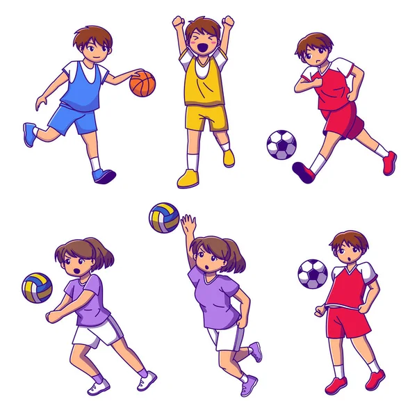 Set of teenager playing basketball, soccer and volleyball on white background, isolated cartoon character collection vector illustration