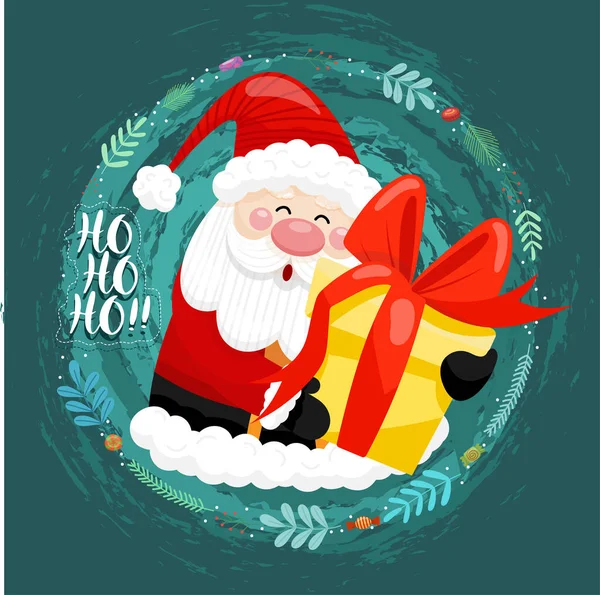 Tarjeta Feliz Navidad Con Santa Claus Sosteniendo Cajas Regalo Área — Vector de stock