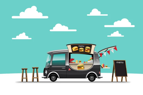 Vue Latérale Camion Alimentaire Avec Menu Hamburger Chaise Bois Hamburger — Image vectorielle