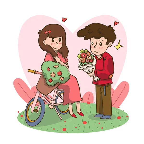 幸せなバレンタインデーのコンセプトの若いカップルと結婚することを提案する花を持つ男は挨拶カードを提供しています — ストックベクタ