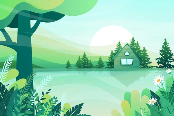 Farmhouse Green Lawn Sun Light Cartoon Vector — 图库矢量图片