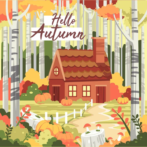 Autumn Forest Landscape Seasonal Countryside Scenery Cozy Cabin Autumn House — Stock Vector