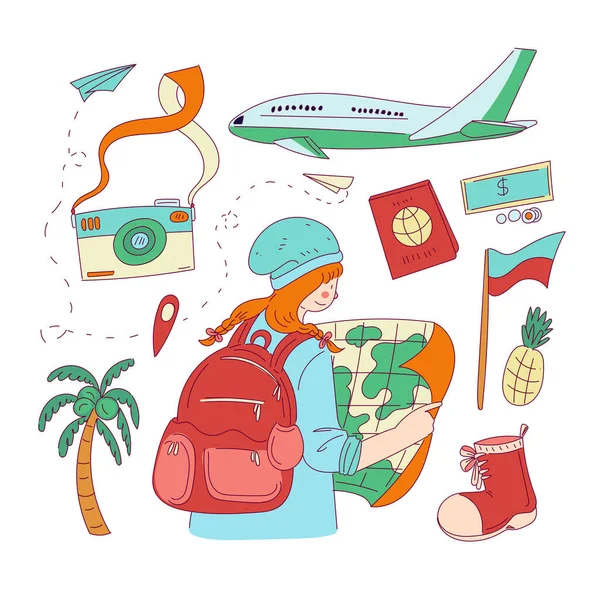 Drawing Famous Tourist Spots Icons Travel Symbol Travel Cartoon Character — Stock Vector