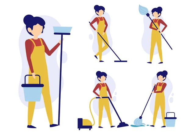 Set Female Maid Housekeeper Cartoon Characters Different Actions Isolated Vector — 图库矢量图片