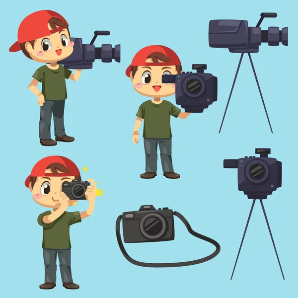 Set Photographer Videographer Man Reporting News Cartoon Character Difference Action — Stock Vector