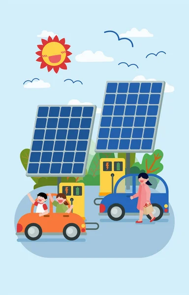 Solar Energy Solar Panel Recharge Car Using Renewable Energy Nature — Stock Vector
