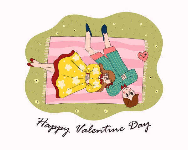 Amor Conceito Valentine Card Organic Casal Está Tapete Natureza Verde — Vetor de Stock