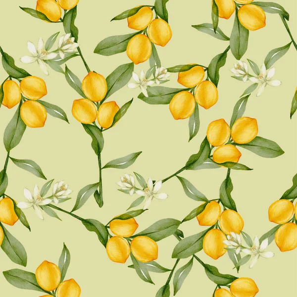 Motif Sans Couture Agrumes Citron Jaune Entier Avec Des Feuilles — Image vectorielle