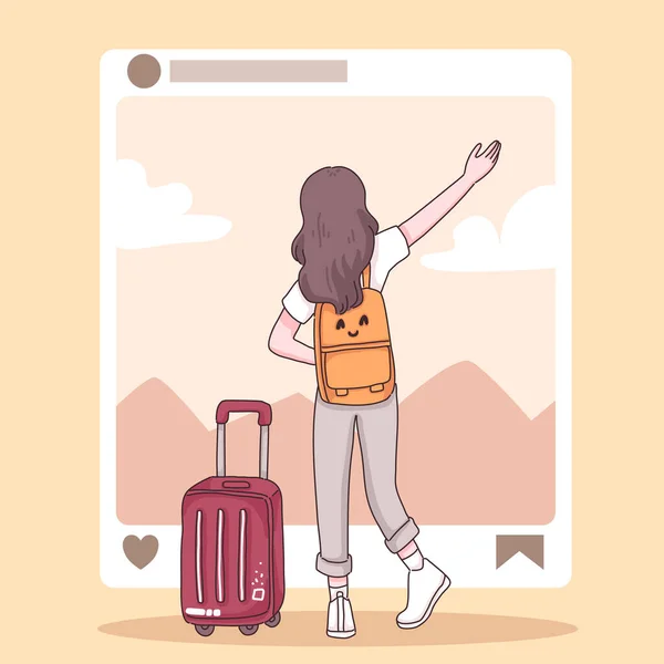 バックパック旅行者の10代の女性のビュー漫画のキャラクター フラットベクトルイラストでスーツケース旅行の場所で立って — ストックベクタ
