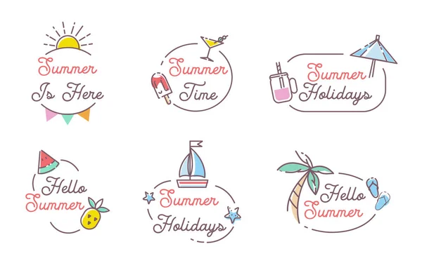 Kreatywne Logo Bazgrołów Słońcem Świeżymi Owocami Lodami Napojami Letnia Etykieta — Wektor stockowy