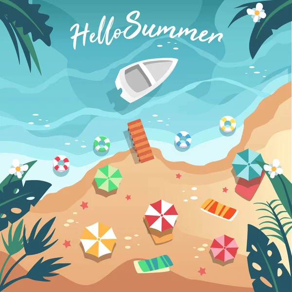 Summer Time Beach Concept Seaside Aerial View Features Pier Boats — Stock Vector