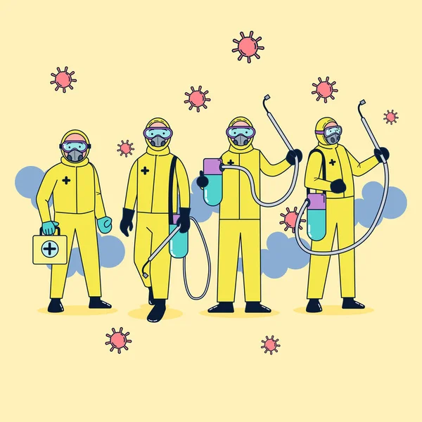 Lékařská Jednotka Oblečená Odolném Oděvu Proti Bakteriím Postříkala Koronavirus Dezinfekčním — Stockový vektor