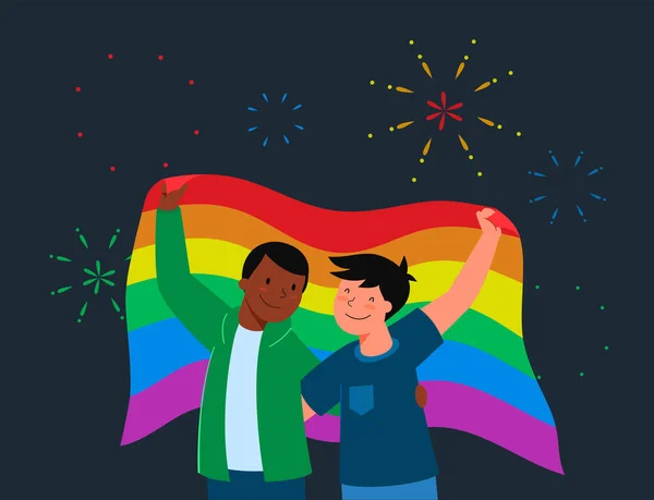 Prade Lgbt骄傲节的概念 持Lgbt旗的同性男性伴侣 平面卡通人物矢量插图 — 图库矢量图片