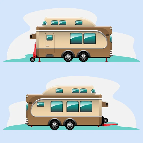 Seitenansicht Von Campinganhängern Reisemobilen Oder Wohnwagen Vector Illustration — Stockvektor