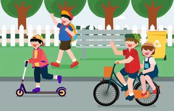 Bambini Che Utilizzano Energia Rinnovabile Piedi Bicicletta Scooter Trasporto Aiutano — Vettoriale Stock