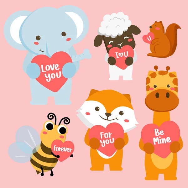 愛の記号と漫画のスタイルで動物と大きな絶縁ベクトルセット バレンタインデーのお祝いのためのベクトルコレクション 猫など — ストックベクタ