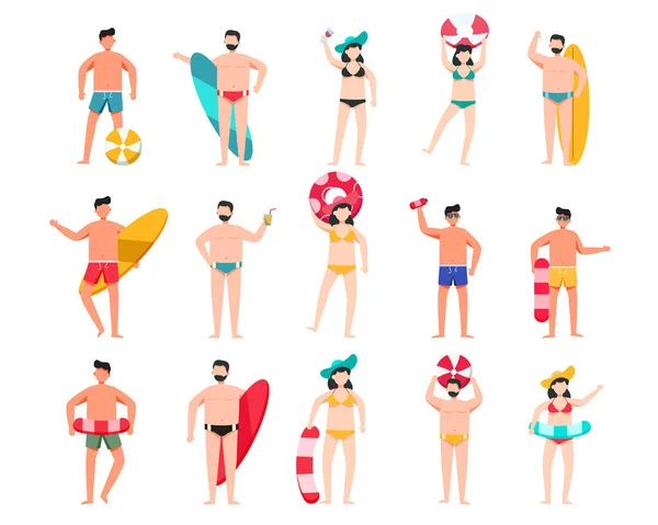 Paquet Personnages Masculins Féminins Maillot Bain Pose Avec Des Actifs — Image vectorielle