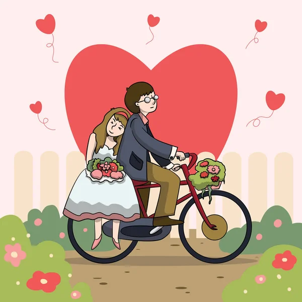 Ilustração Vetorial Casal Amor Uma Bicicleta Natureza Fundo Forma Coração —  Vetores de Stock