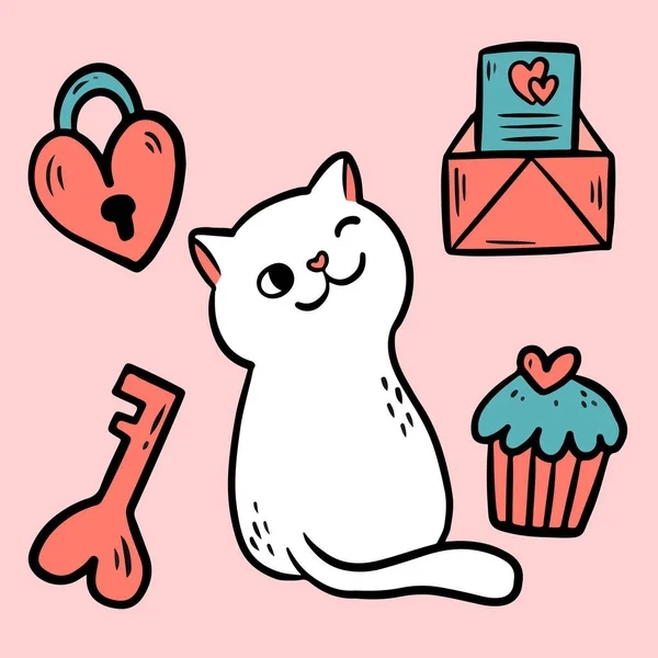 Cat Feeling Love Chilled Envelope Cake Locker Key Valentine Celebration — Stock Vector