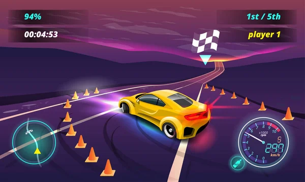赛车游戏在显示菜单调优中升级游戏玩家的性能车 玩家可以升级引擎 耐久性 轮胎和任何汽车零部件 说明3D风格 — 图库矢量图片