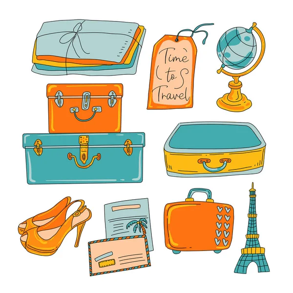 Travel Set Suitcase Globe Cartoon Vector — Stock Vector