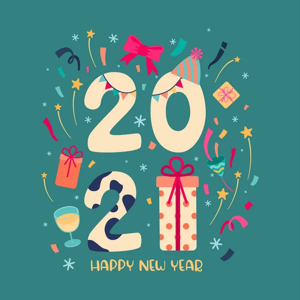 Happy New Year 2021 Party Poster Banner Gift Box Icons — Stock Vector