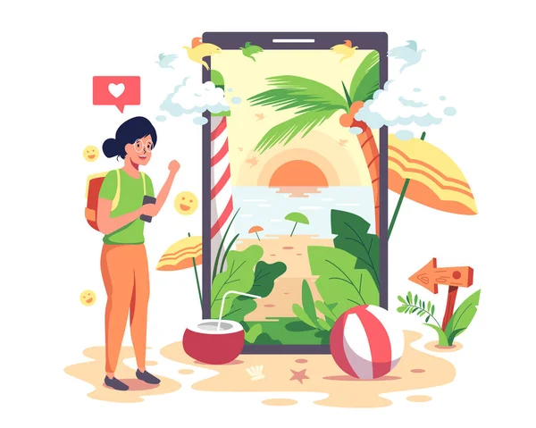 Girls Internet Find Book Beachside Accommodations Mobile Phones — Stock Vector