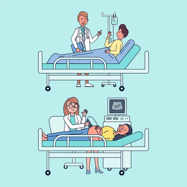 Sjukhusscen Internläkare Besöker Patientens Tillstånd Vid Sängen Förlossningsläkare Undersöker Patientens — Stock vektor