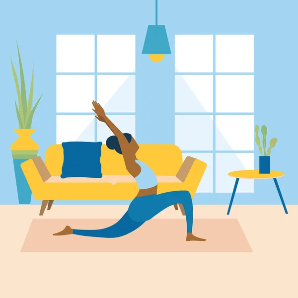 Healthy Young Woman Practicing Yoga Living Room Relaxing Weekend Home — Stock Vector